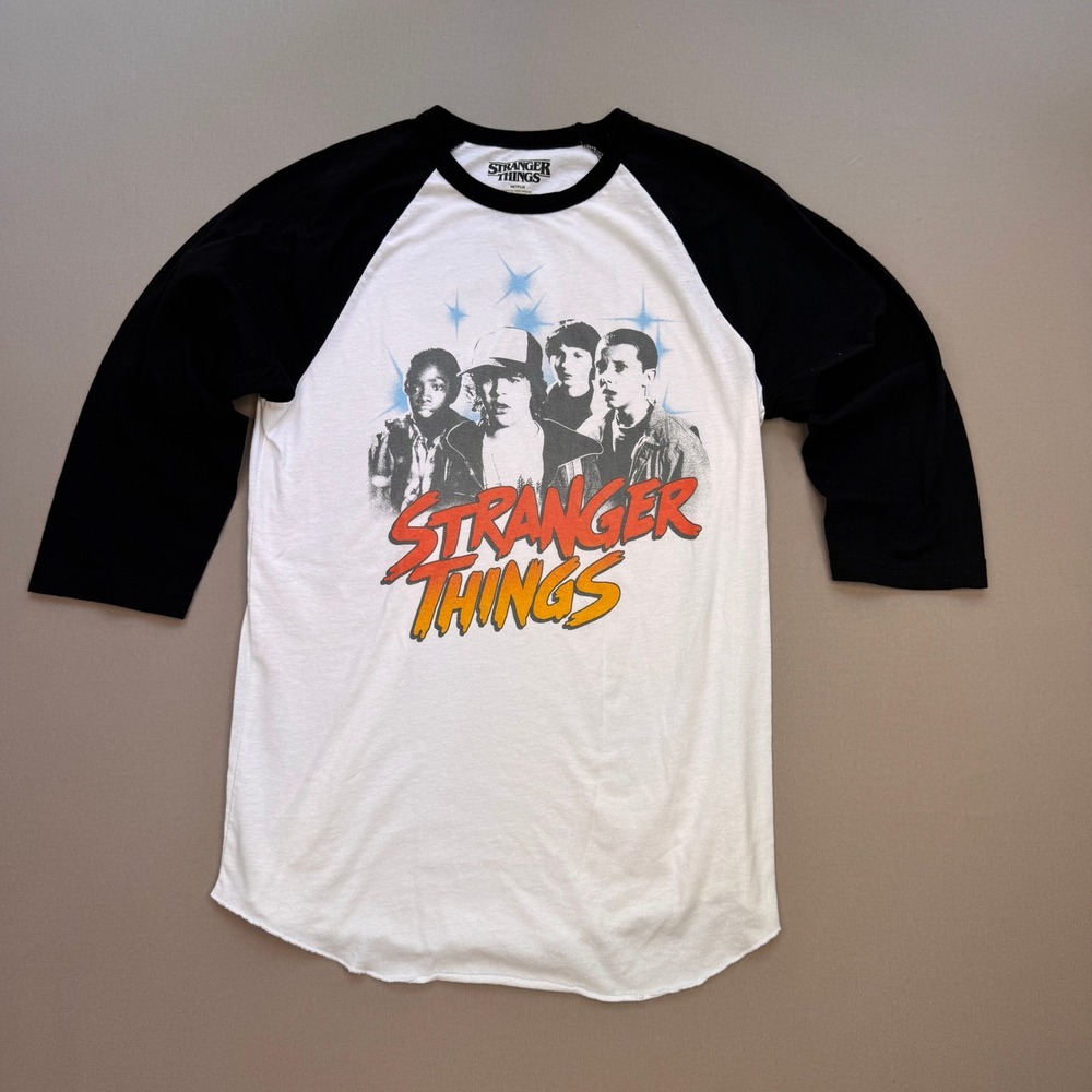Stranger Things Netflix Graphic Baseball Tee Black White Raglan Shirt Medium